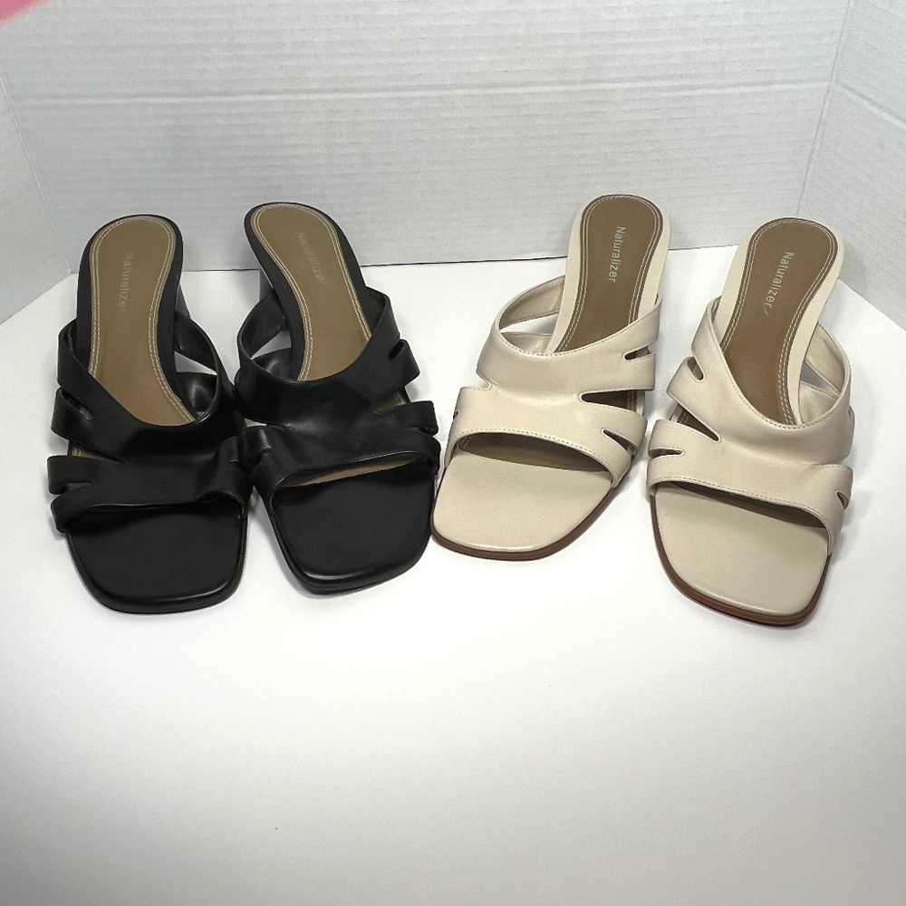 Lot 2 Naturalizer Leather Sandals Size 9 Black & Beige - Mules w Heels - Drake